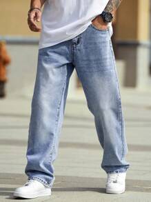 Manfinity Homme Quần Jeans Ống Rộng Thiết Kế Túi Đơn Giản Cho Nam Size Lớn - Rửa nhẹ - Xem 5
