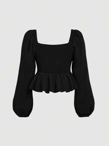 SHEIN MOD Plus Size Vintage Red Heart-Shaped Ruffle Long Sleeve Shirt - Black - View 2