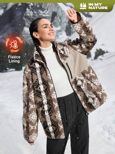 In My Nature Women's Geometric Pattern Collar Outdoor Fleece Jacket,Casual Wear For Autumn & Winter Women Tops