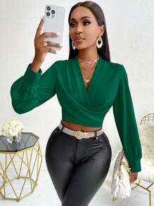 SOLERSUN Women's Solid Color V-Neck Long Sleeve Casual Top - Dark Green - View 6