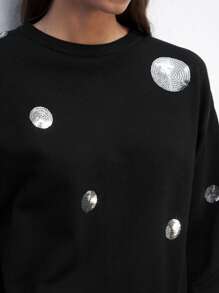 Maija Women's Sequin Embellished Fuzzy Black Knit Sweater, Shiny Glitter Decor, Casual Urban Fashion, Essential For Holidays, Warm & Soft, Round Neck Long Sleeve Pullover