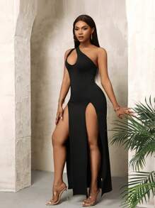 SHEIN PETITE Women's Glamorous Long Slash Shoulder Hollow-Out Slim-Fit Slit Hem Bodycon Dress Maxi Women Outfit - Black - View 6