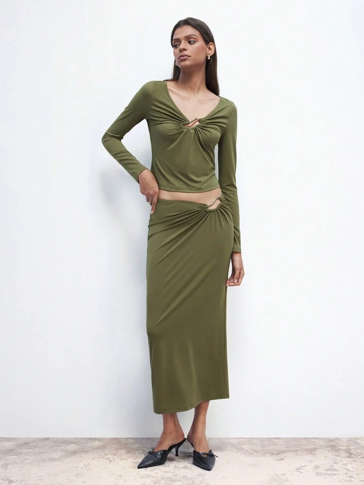 SHEIN Maija Women 2 Pieces Set: Metal Trim Collar Long Sleeve Blouse And Waist Metal Trim Ruched Long Skirt, Elegant Christmas Party Fashion, Autumn/Winter