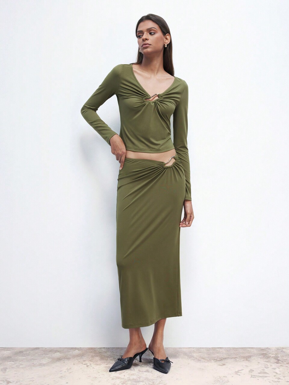 SHEIN Maija Women 2 Pieces Set: Metal Trim Collar Long Sleeve Blouse And Waist Metal Trim Ruched Long Skirt, Elegant Christmas Party Fashion, Autumn/Winter