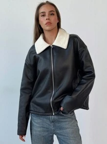 Aloruh 谷仓夹克，女士秋冬新款日常旅行通勤时尚长口袋保暖内衬保暖毛绒皮革毛领夹克拉链外套 - 黑色 - 查看 2