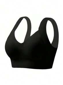 Women Plain Ribbed Casual Comfortable Bra - Black - View 1