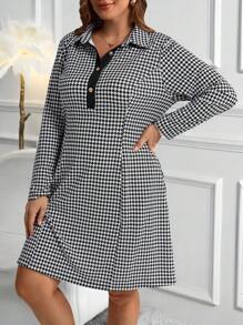 EMERY ROSE Große Größen vintage Hahnentrittmuster Knopfverschluss Halbkrempelkragen Kleid, Herbst - Schwarz und Weiss - Übersicht 9