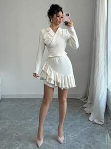 Elenzga 花卉装饰领带腰带短夹克和不对称下摆紧身裙优雅女士两件套西装 - 杏色 - 查看 5