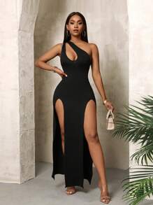 SHEIN PETITE Women's Glamorous Long Slash Shoulder Hollow-Out Slim-Fit Slit Hem Bodycon Dress Maxi Women Outfit - Black - View 3