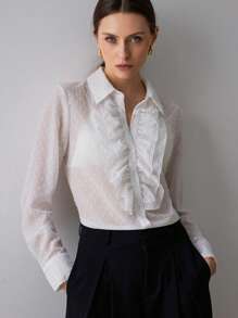 SHEIN Privé 女士浪漫优雅荷叶边纹理长袖衬衫优雅商务休闲女士纽扣衬衫 - 白色 - 查看 3