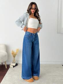 RueChic Casual Fashion Washed Mid-Waist Wide Leg Jeans