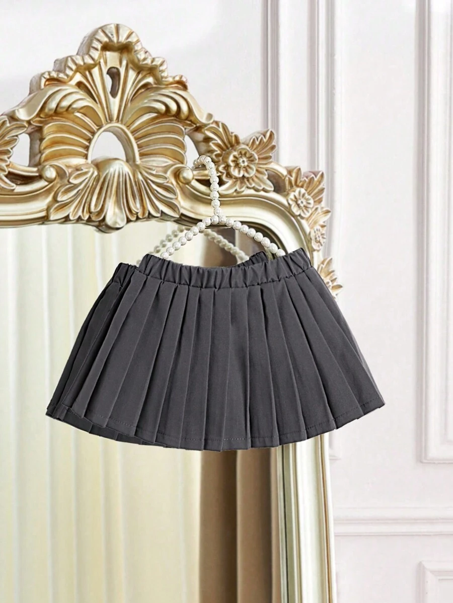 SHEIN Váy xếp ly trơn màu cho bé gái, thiết kế tối giản cổ điển thời trang và thoải mái khi ra ngoài - Màu xám đen - Xem 1