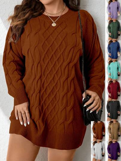 Calvaya Plus Size Women's Knit Round Neck Long Sleeve Chunky Casual Plus Size Sweater Dress, Autumn/Winter Fall Cloth For Women