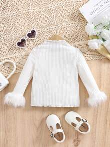 SHEIN Baby Girl Top, Urban Fashion Ribbed Splicing Fuzzy Sleeve Sweatshirt, Suitable For Outings, Gatherings, Parties, Vacations, Shopping And Other Occasions, Autumn/Winter