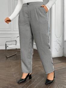 SHEIN Clasi Plus Size Women Pocket Pleated Casual Tweed Cone Pants