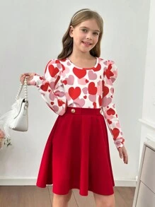 SHEIN Tween Girls Elegant Red Heart Print Gigot Sleeve T-Shirt And Metal Button Decor Ruffle Hem A-Line Skirt 2 Pieces Set