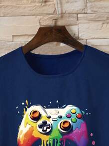 Teen Boys' Video Game Print Round Neck Short Sleeve Casual T-Shirt - Navy Blue - View 4
