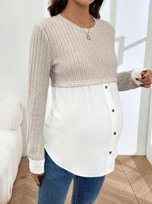 SHEIN توب حمل بتصميم أزرار ألوان متباينة وأكمام طويلة بياقة طاقم - لون مشمشي - مشاهدة 4