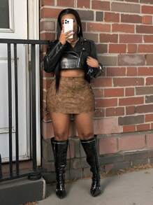 Slaydiva Váy ngắn PU màu nâu giản dị mới cho nữ có lỗ chéo trang trí vừa vặn - màu nâu - Xem 4