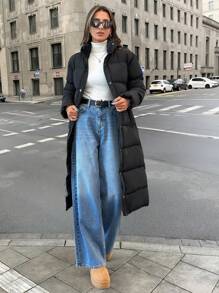 SHEIN Cottnline 女士黑色高领羽绒口袋细节冬季外套 - 黑色 - 查看 5
