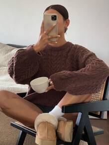 DAZY 女式圆领宽松麻花针织套头衫秋季 - 卡其色 - 查看 4