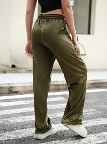 SHEIN Teenager Mädchen (10-16 Jahre) Samt Lässig Hose, Stilvoll & Elegant, Herbst/Winter 2024 - Armeegrün - Übersicht 2
