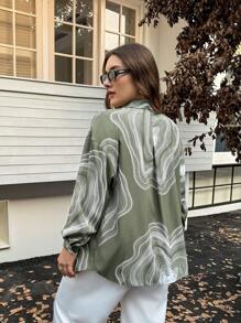 SHEIN Essnce Plus Size Linear Pattern Front Button Casual Long Sleeve Shirt - Mint Green - View 2