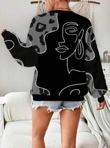 SHEIN LUNE 女式休闲简约手绘脸部和豹纹图案宽松圆领长袖运动衫，冬季上衣 - 彩色 - 查看 7