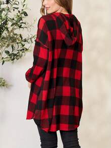 Camisa casual de mujer con capucha, cuello, botones frontales y mangas largas con estampado de cuadros