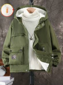 SHEIN 男童休闲简约朴素羊毛户外夹克 - 軍綠色 - 查看 1