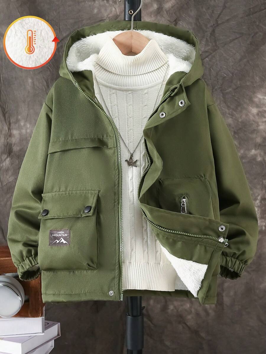 SHEIN 男童休闲简约朴素羊毛户外夹克 - 軍綠色 - 查看 1