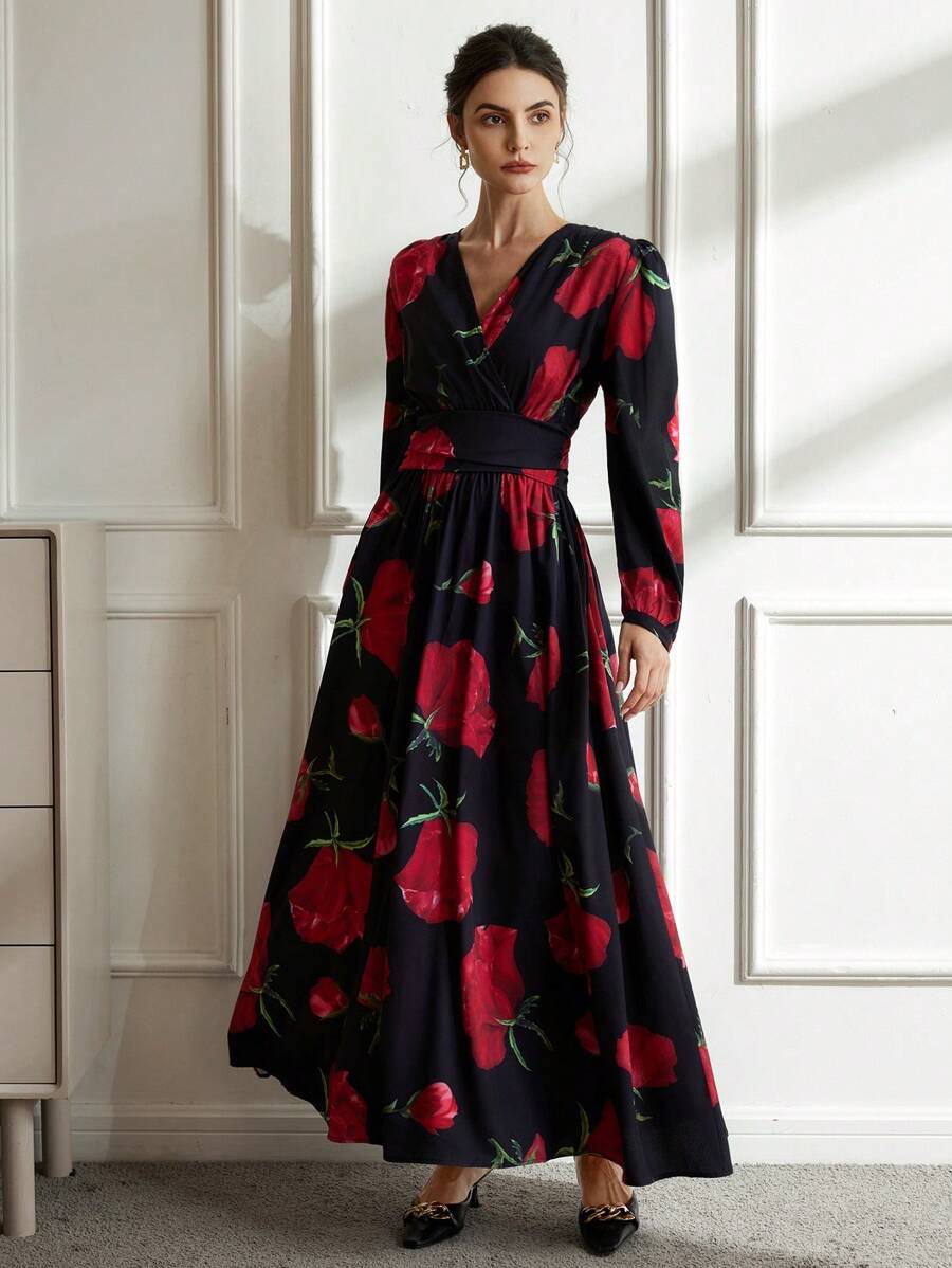 Aveloria EMERY ROSE Vestido de manga larga con cuello en V vintage, volantes en la cintura, manga abullonada y estampado aleatorio, para el Día de San Valentín, primavera y verano, para fiestas y vacaciones - Multicolor - Ver 1