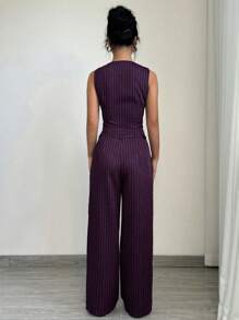 Selianne Women Casual Striped Vest + Women Casual Suit Pants - Purple - View 2