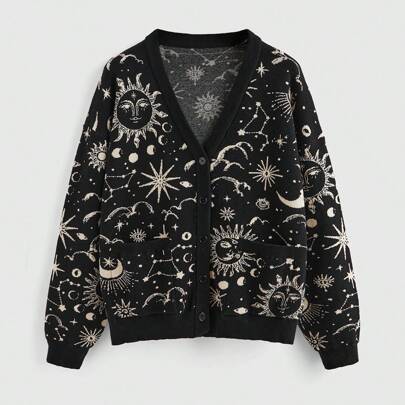 Cardigan oversize a maglia larga con motivo jacquard a stelle e lune mistiche