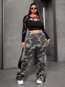 SHEIN ICON 大码弹力紧身喇叭牛仔裤，迷彩 - 彩色 - 查看 5