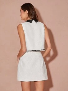 Enchnt Spring/Winter Romantic Women's White&Black Contrast Color Exquisite Faux Pearl Button Decor Sleeveless Vest Jacket And Skirt Tweed Set,Sweet&Elegant Two Pieces Outfit For Valentine's Day&Christmas Party&New Years&Birthday&Holiday &Sweet Date Night&Daily Commuting - White - View 8