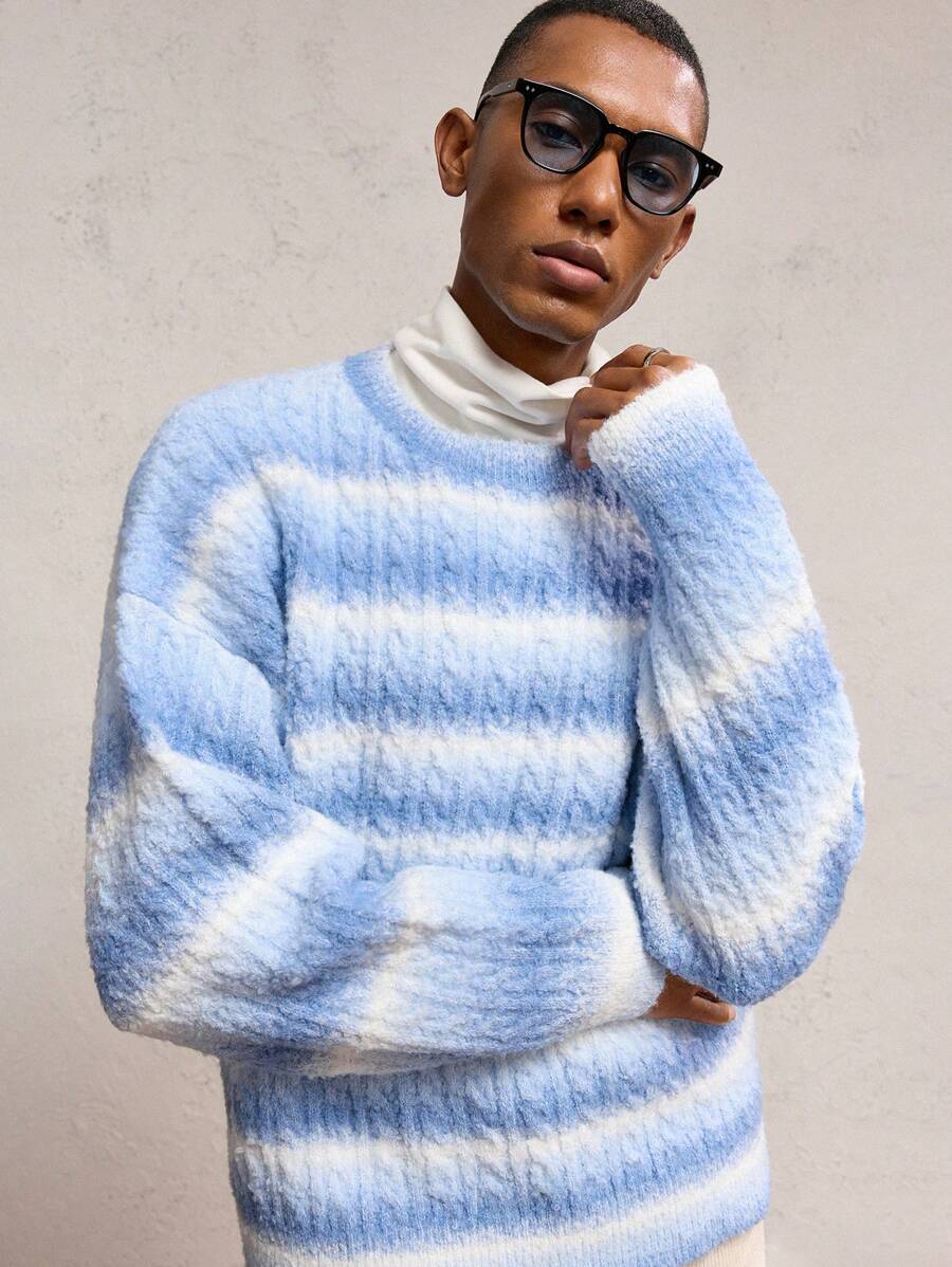 AKNOTIC Party Men's Loose Fit Crew Neck Oversized Color Block Long Sleeve Knit Cable Knit Sweater, Suitable For Autumn/Winter, Vacation, Old Money Men, Boyfriend Gift - Multicolor - View 1