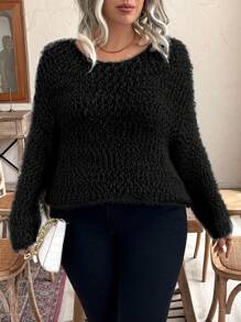 Calvaya 大码圆领长袖简约针织毛衣，休闲日常穿着，适合冬季秋季穿着。 - 黑色 - 查看 5