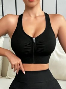 Easithlete Women's Solid Color Front-Zip Compression Sports Bra With Ruched Back And Hollow Out Design - Black - View 1
