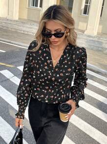 SHEIN Frenchy 女士夏季度假休闲满印花长袖衬衫、图案女衬衫、春季碎花连衣裙、长袖上衣 - 黑色 - 查看 3