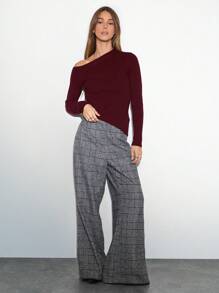 SHEIN Unity Pull tricoté à manches longues avec ourlet asymétrique sexy pour femmes, parfait pour les fêtes de Noël, pull tricoté d'automne/hiver - Rouge foncé - Voir 3