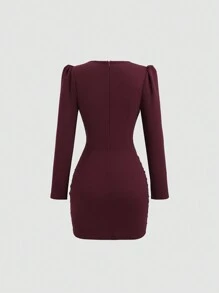 Sweetra Elegante vestido de punto plano ajustado con manga larga, lazo y minifalda, vestido ceñido de color burdeos para mujer, conjunto de primavera y otoño