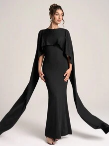 SHEIN Belle Ladies' Solid Color Fitted Simple Casual Long Formal Gown Gown Jacquard Dress Valentine's Day Dress Valentine's Day Dress Black Cocktail Dress Women's Christmas Black Evening Dress Formal Party Dresses Autumn And Winter Black Sexy Mesh Long Sleeve Bridesmaid Dress - Black - View 8