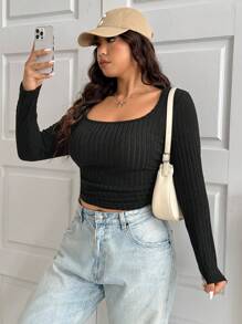 Solflare 大码秋冬罗纹腰褶黑色 T 恤