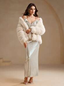 Anewsta Nuevo abrigo de invierno/otoño elegante con piel de zorro sintética de tela aterciopelada y esponjosa para mujeres