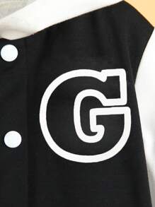 2 件年轻男孩学院风服装：黑色针织上衣，白色袖子，大字母“M”图案，搭配同款印花运动裤。休闲简约设计，适合春秋季日常穿着、运动、上学、旅行 - 黑色 - 查看 4