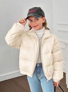 SHEIN Tween 女童纯色立领厚款宽松休闲短款棉服外套 - 米色 - 查看 7