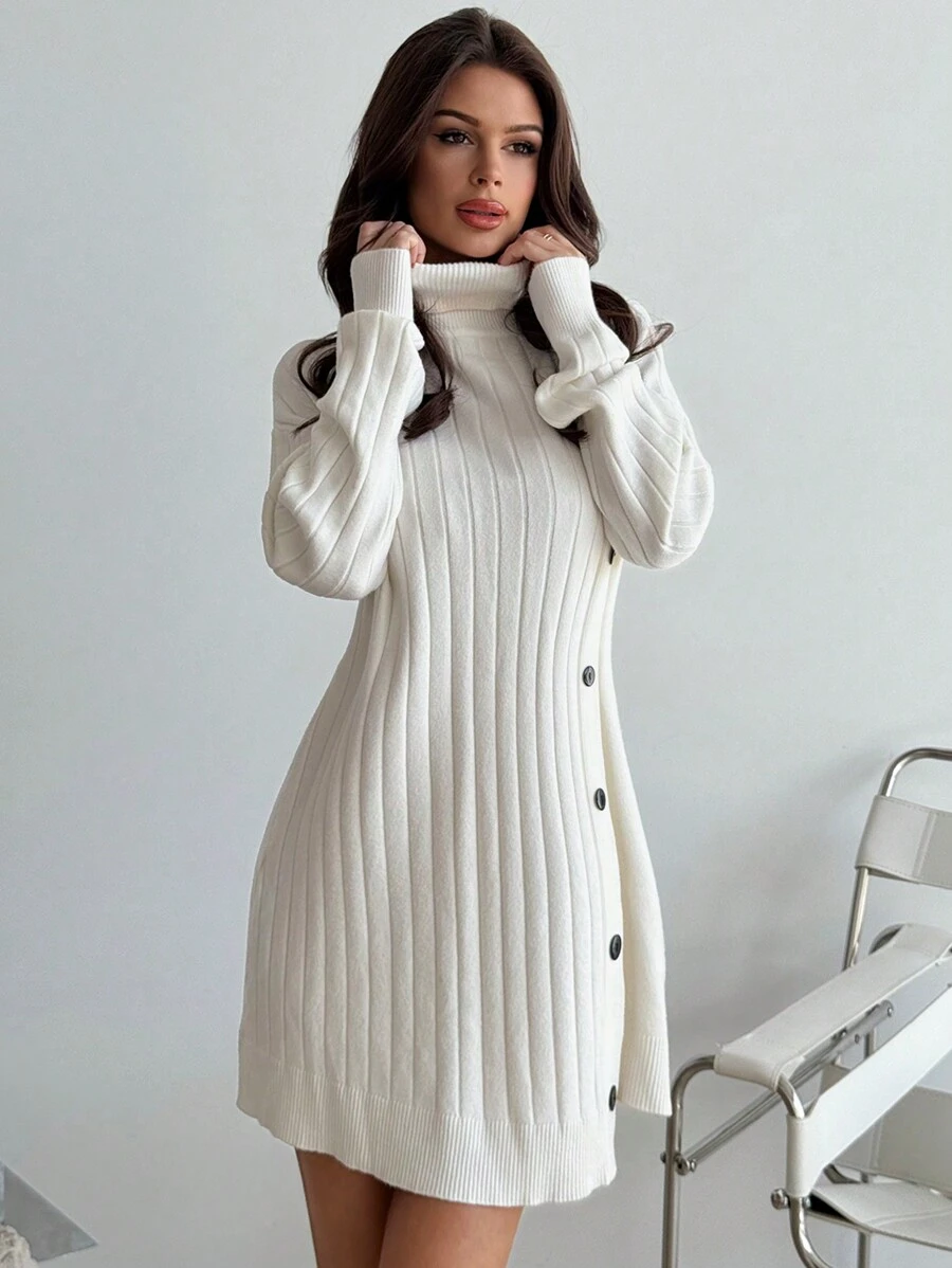 Firerie 女装休闲简约时尚通勤保暖做旧款撞色纽扣高领宽松白色毛衣秋冬秋冬休闲白色长袖高领 - 白色 - 查看 1