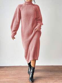 SHEIN Clasi Đầm len dài tay cổ lọ đơn giản giản dị cho nữ mùa đông - Bụi hồng - Xem 5