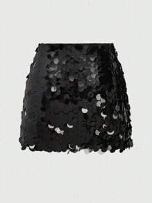 ROMWE Fairycore Plus Size Women Solid Color Sequin Mini Party Skirt, For Carnival